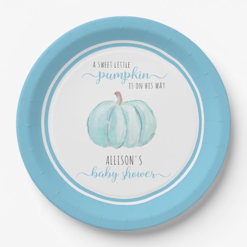 Sweet Little Pumpkin Watercolor Blue Baby Shower Paper Plates