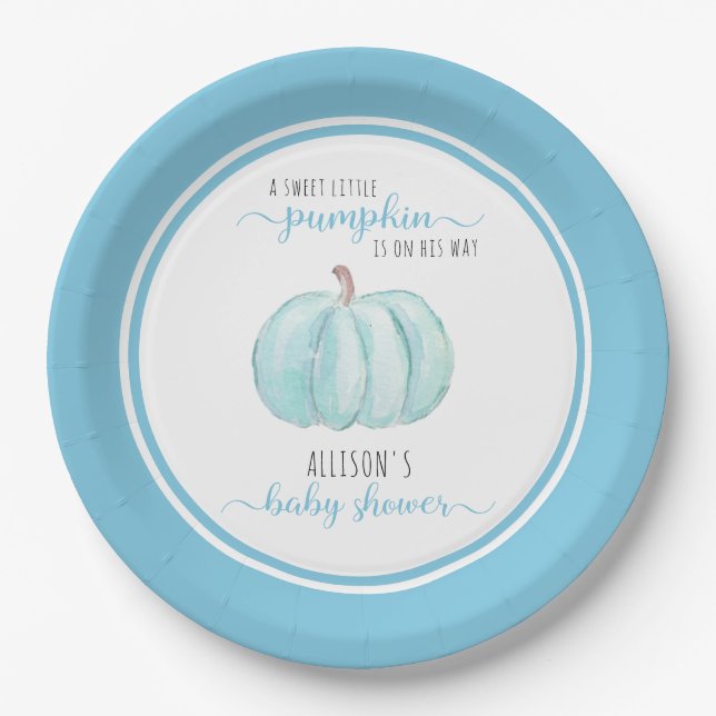 Sweet Little Pumpkin Watercolor Blue Baby Shower Paper Plates (Front)