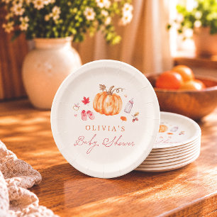Sweet Little Pumpkin Watercolor Fall Baby Shower Paper Plates