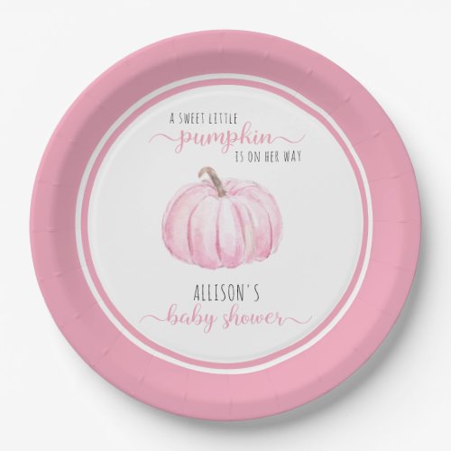 Sweet Little Pumpkin Watercolor Pink Baby Shower Paper Plates