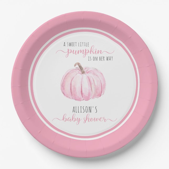 Sweet Little Pumpkin Watercolor Pink Baby Shower Paper Plates (Front)