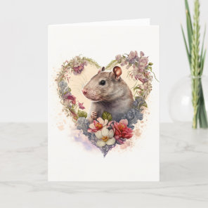 Sweet Little Rat in Flower Heart Valentine's Day Holiday Card