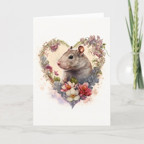 Sweet Little Rat in Flower Heart Valentines Day Holiday Card