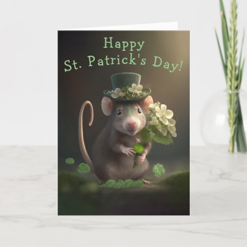 Sweet Little Rat with Flowers St Patricks Day Holiday Card