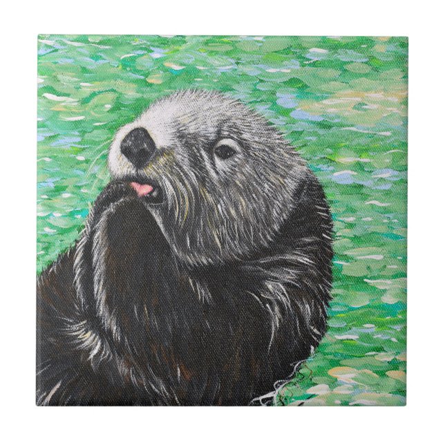 Sweet Little Sea Otter Painting Ceramic Tile (Front)
