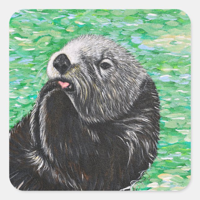 Sweet Little Sea Otter Painting Square Sticker (Front)