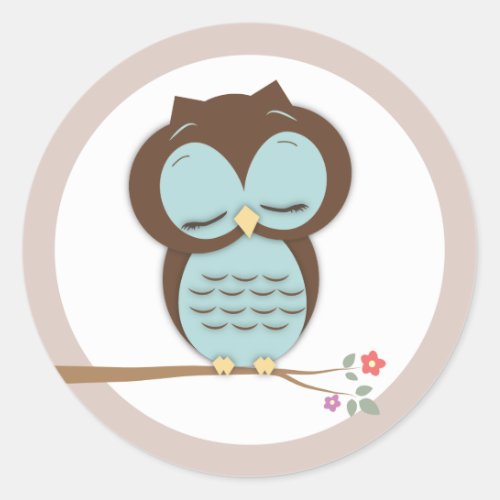 Sweet Little Sleepy Boy Owl on a Branch Classic Round Sticker