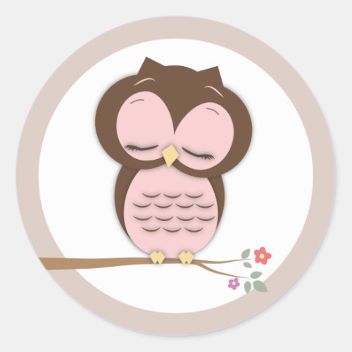 Sweet Little Sleepy Girl Owl on a Branch Classic Round Sticker