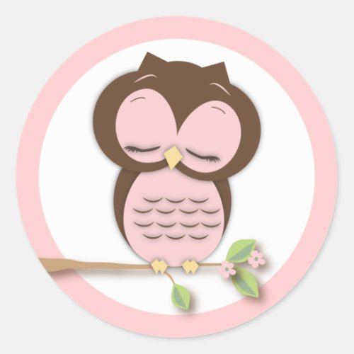 Sweet Little Sleepy Girl Owl on a Branch Classic Round Sticker
