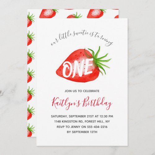 Sweet Little Strawberry 1st Birthday Invitation