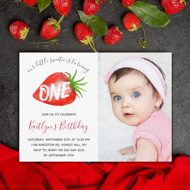 Sweet Little Strawberry 1st Birthday Photo Invitation | Zazzle