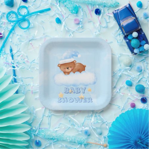 Sweet Little Teddy Bear Boy Baby Shower Paper Plates