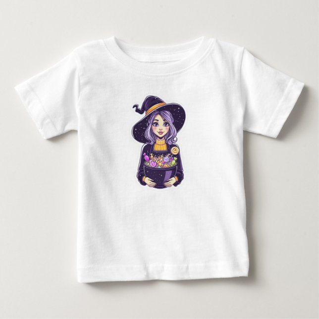 Sweet Little Witch with Magical Candy Bowl Baby T-Shirt (Front)