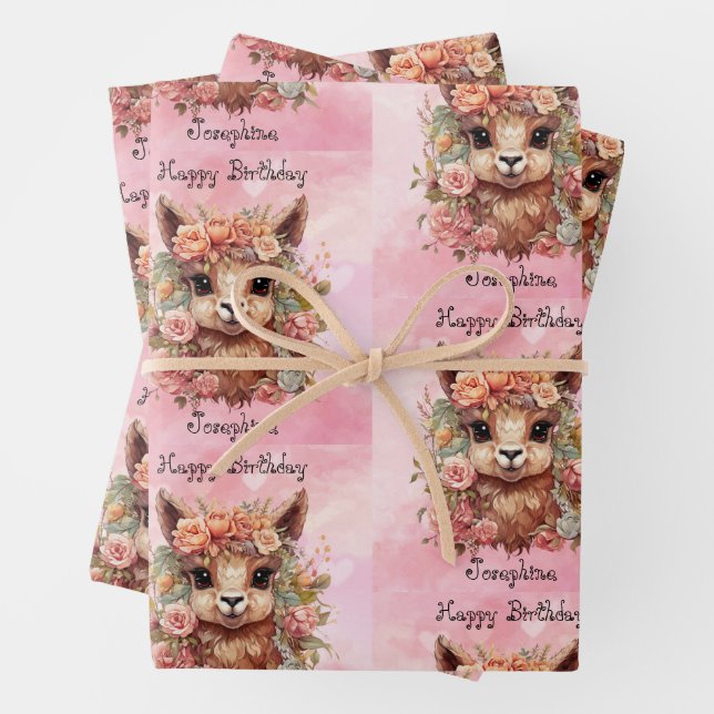 Sweet Llama Birthday Girl Add Name Alpaca 3 Cute Wrapping Paper Sheets (In situ)