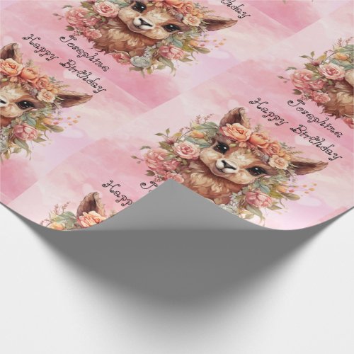 Sweet Llama Birthday Girl Add Name Alpaca Pink Wrapping Paper