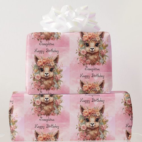 Sweet Llama Birthday Girl Add Name Alpaca Pink Wrapping Paper