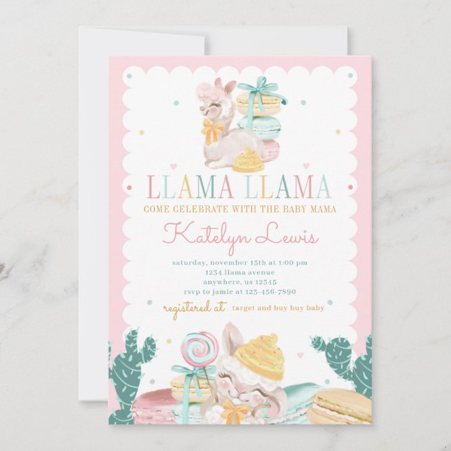 Sweet Llama Pastel Baby Shower Invitation Cactus (Front)