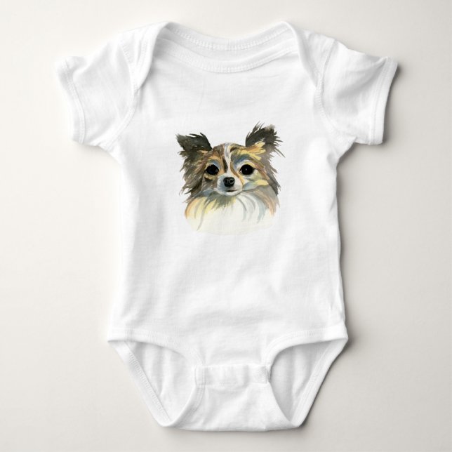 Sweet Long Hair Chihuahua Dog Watercolor Portrait Baby Bodysuit (Front)