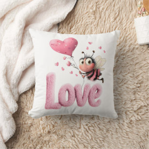 Sweet Love Bee Pink Hearts Throw Pillow