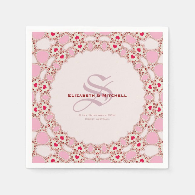 Sweet Love Hearts Fractal Lace Custom Names Napkins (Front)