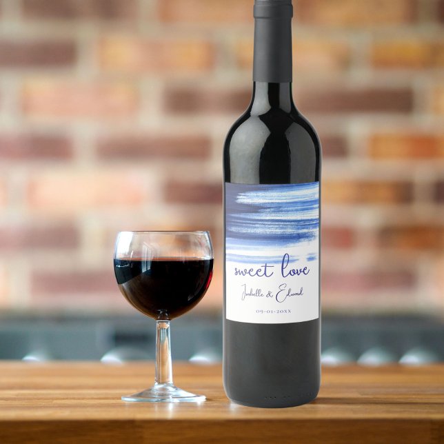 Sweet Love Navy Blue Watercolor Wedding Wine Label (Creator Uploaded)