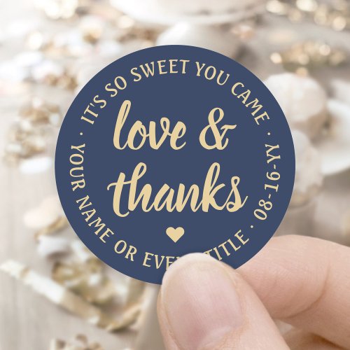 Sweet Love  Thanks Navy Blue  Gold Simple Script Classic Round Sticker