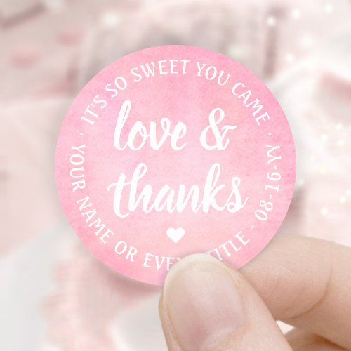 Sweet Love  Thanks Pink Watercolor Simple Script Classic Round Sticker