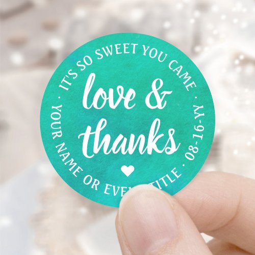 Sweet Love  Thanks Script Blue Green Watercolor Classic Round Sticker