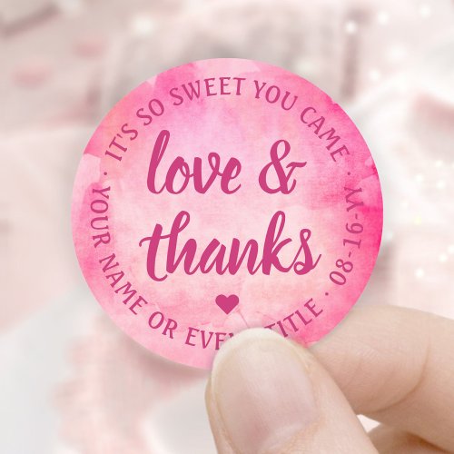 Sweet Love  Thanks Script Magenta Pink Watercolor Classic Round Sticker