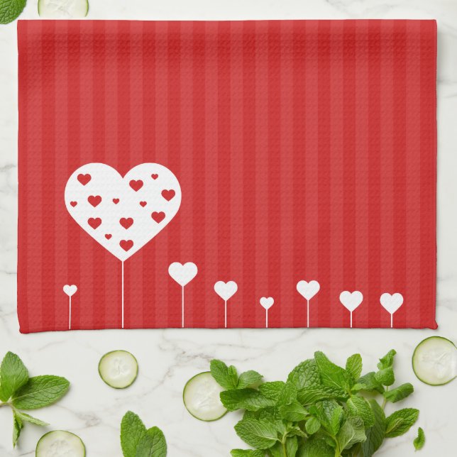 Sweet Lovely Romantic Red White Hearts Kitchen Towel (Folded)