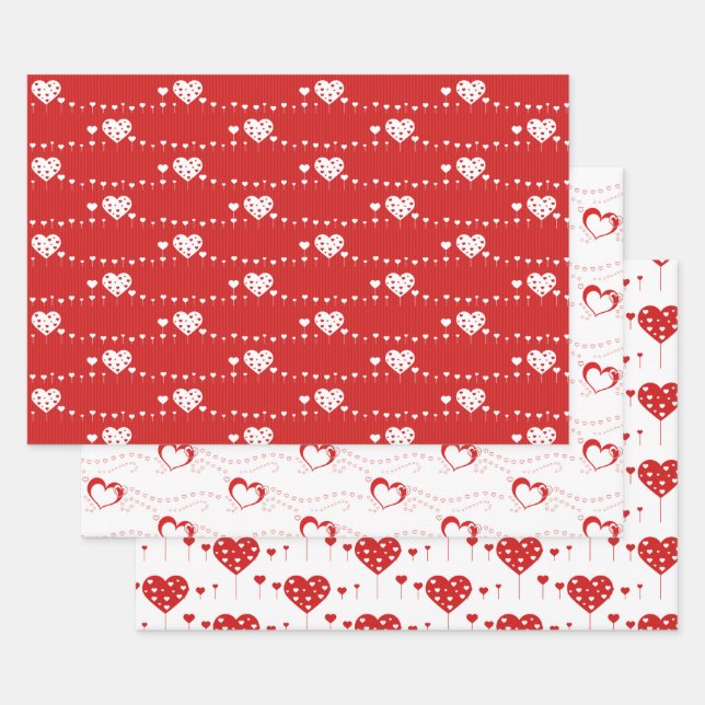 Sweet Lovely Romantic Red White Hearts Wrapping Paper Sheets (Set)