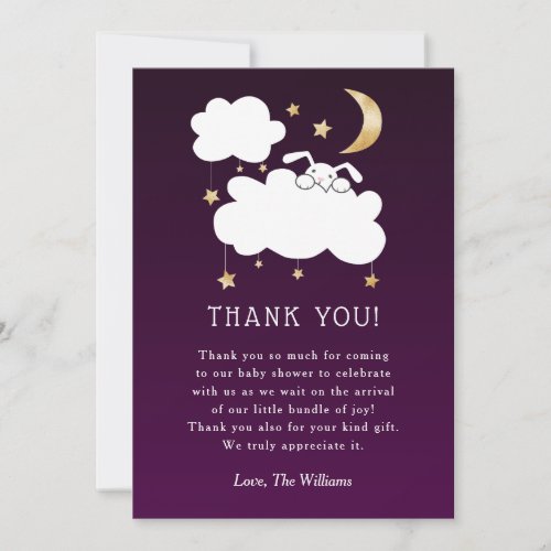 Sweet Lullaby Bunny Baby Shower Purple Gold Thank You Card