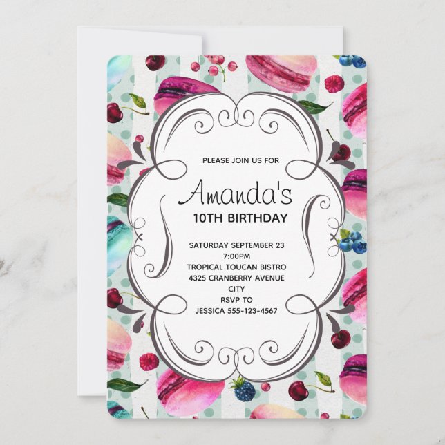 Sweet Macarons And A Decorative Frame Birthday Invitation (Front)