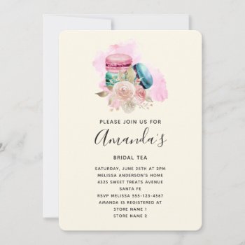 Sweet Macarons And Flowers Watercolor Bridal Tea Invitation by Mirribug at Zazzle