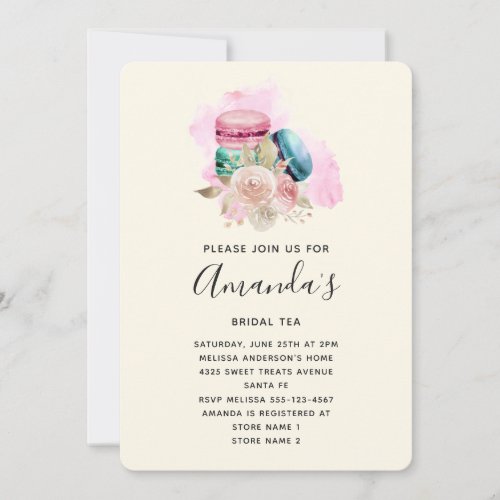 Sweet Macarons and Flowers Watercolor Bridal Tea Invitation