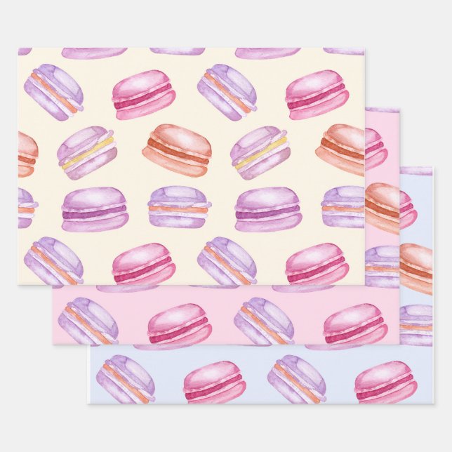 Sweet Macarons on beautiful pastel pattern Wrapping Paper Sheets (Set)