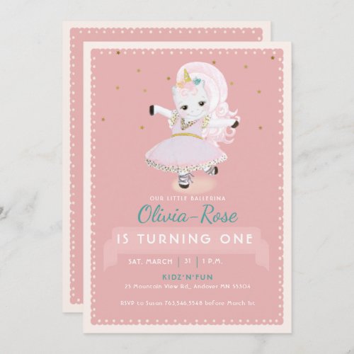 Sweet Magical Ballerina Unicorn Pink Girl Birthday Invitation