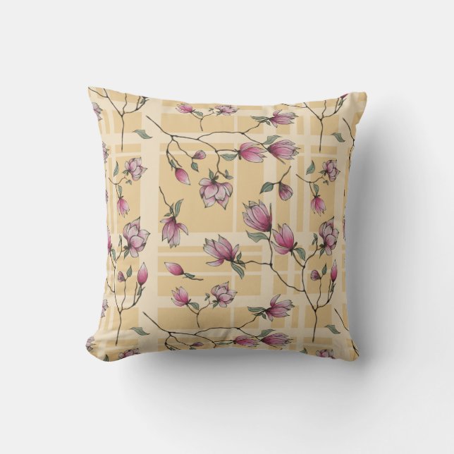 Sweet Magnolia Blossoms on Yellow Plaid Throw Pillow (Front)