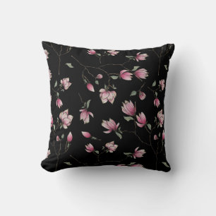 Sweet Magnolias Pink Blossoms on Black Throw Pillow