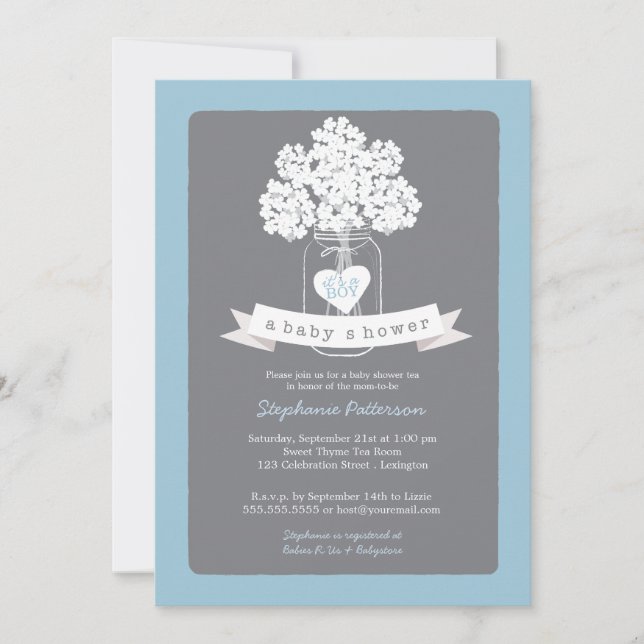 Sweet Mason Jar Blue | Gray Baby Shower Invitation (Front)