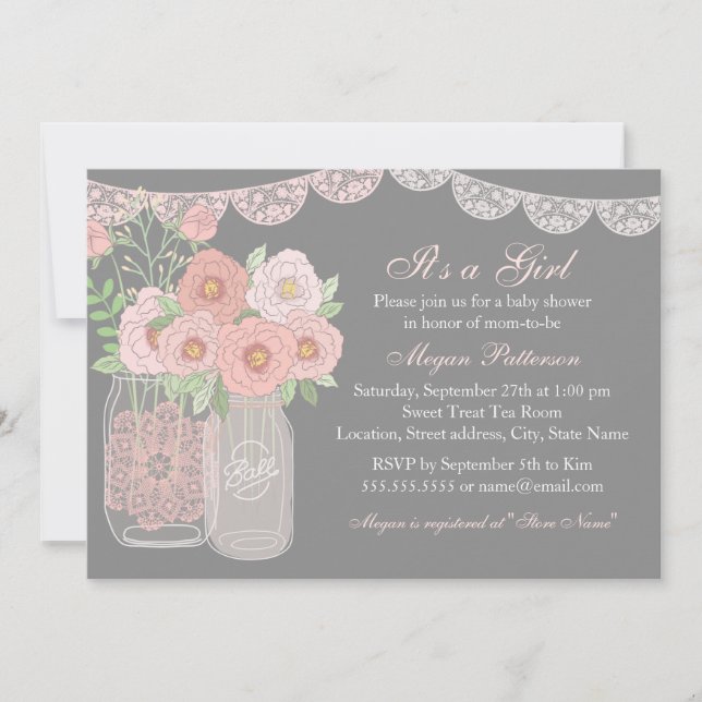 Sweet Mason Jar Pink & Gray Baby Shower Invitation (Front)