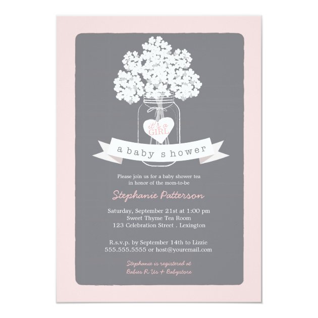 Sweet Mason Jar Pink | Gray Baby Shower Invitation