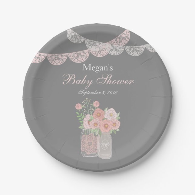 Sweet Mason Jar Pink Gray Baby Shower Paper Plates (Front)