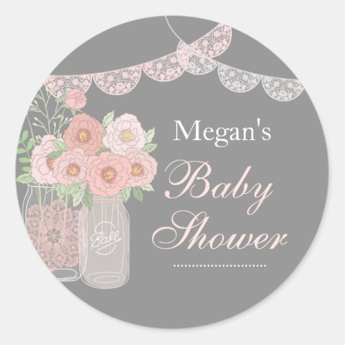 Sweet Mason Jar Pink Gray Baby Shower Sticker