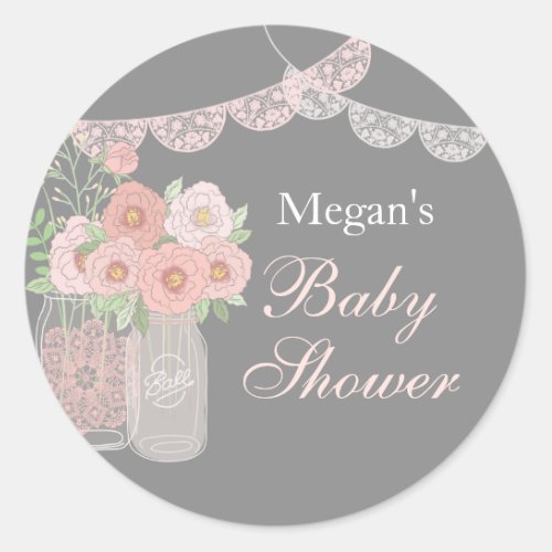 Sweet Mason Jar Pink Gray Baby Shower Stickers