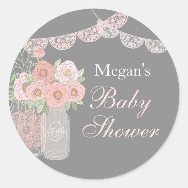 Sweet Mason Jar Pink Gray Baby Shower Stickers (Front)
