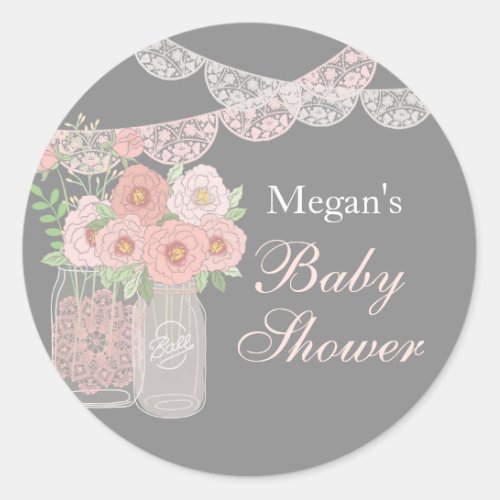 Sweet Mason Jar Pink Gray Baby Shower Stickers