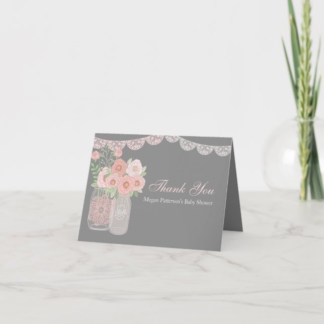 Sweet Mason Jar Pink Gray Baby Shower Thank You (Front)