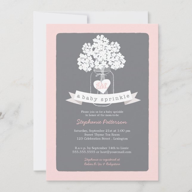 Sweet Mason Jar Pink | Gray Baby Sprinkle Invitation (Front)