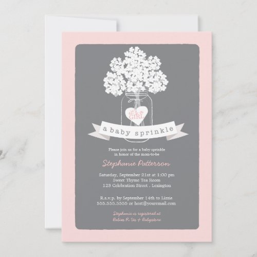 Sweet Mason Jar Pink  Gray Baby Sprinkle Invitation